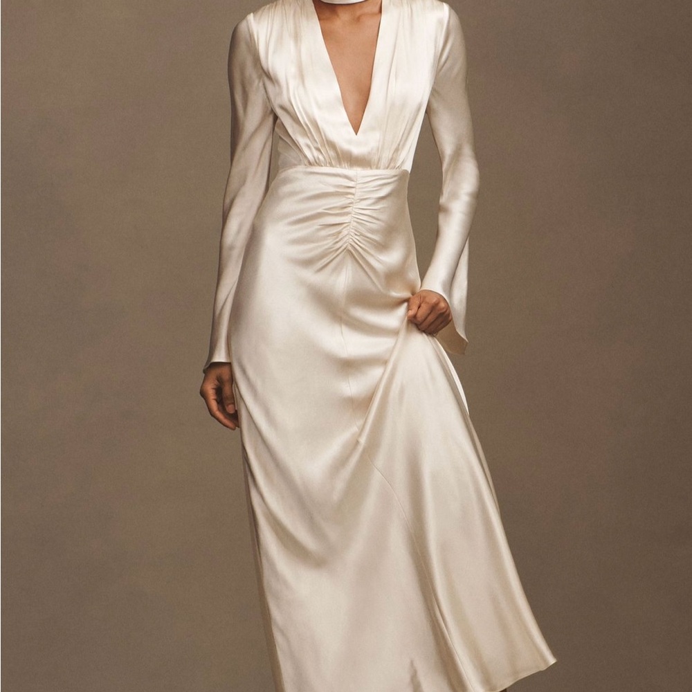 Shona Joy Cream Plunged Long Sleeve Maxi Dress